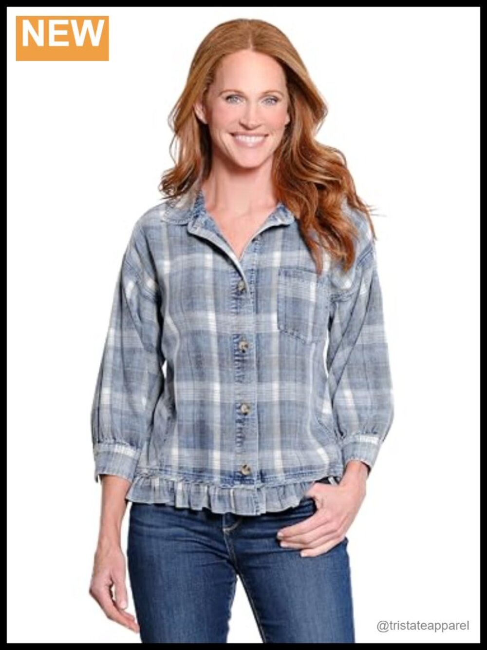 Women's Cotton Tunics Woven Yarn Dye Long Sleeve Button Front Top